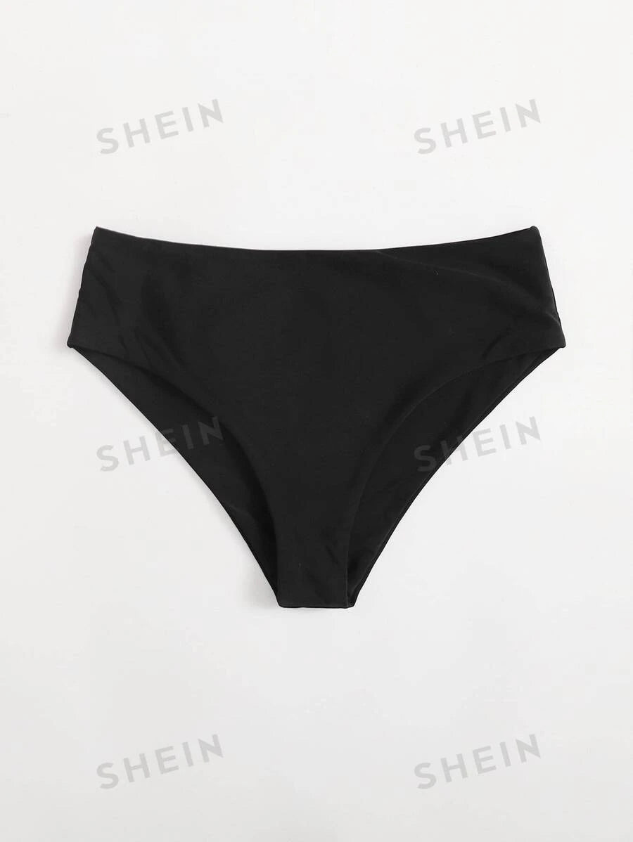 قطعة سفلية بيكيني صيفية بلون موحد وخصر مرتفع