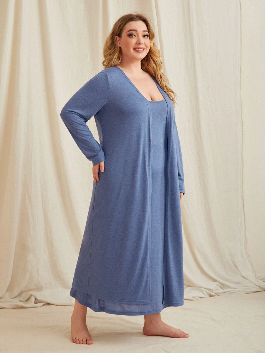 طقم نسائي: روب مفتوح من الأمام وقميص داخلي سادة من يونيتي – شي إن