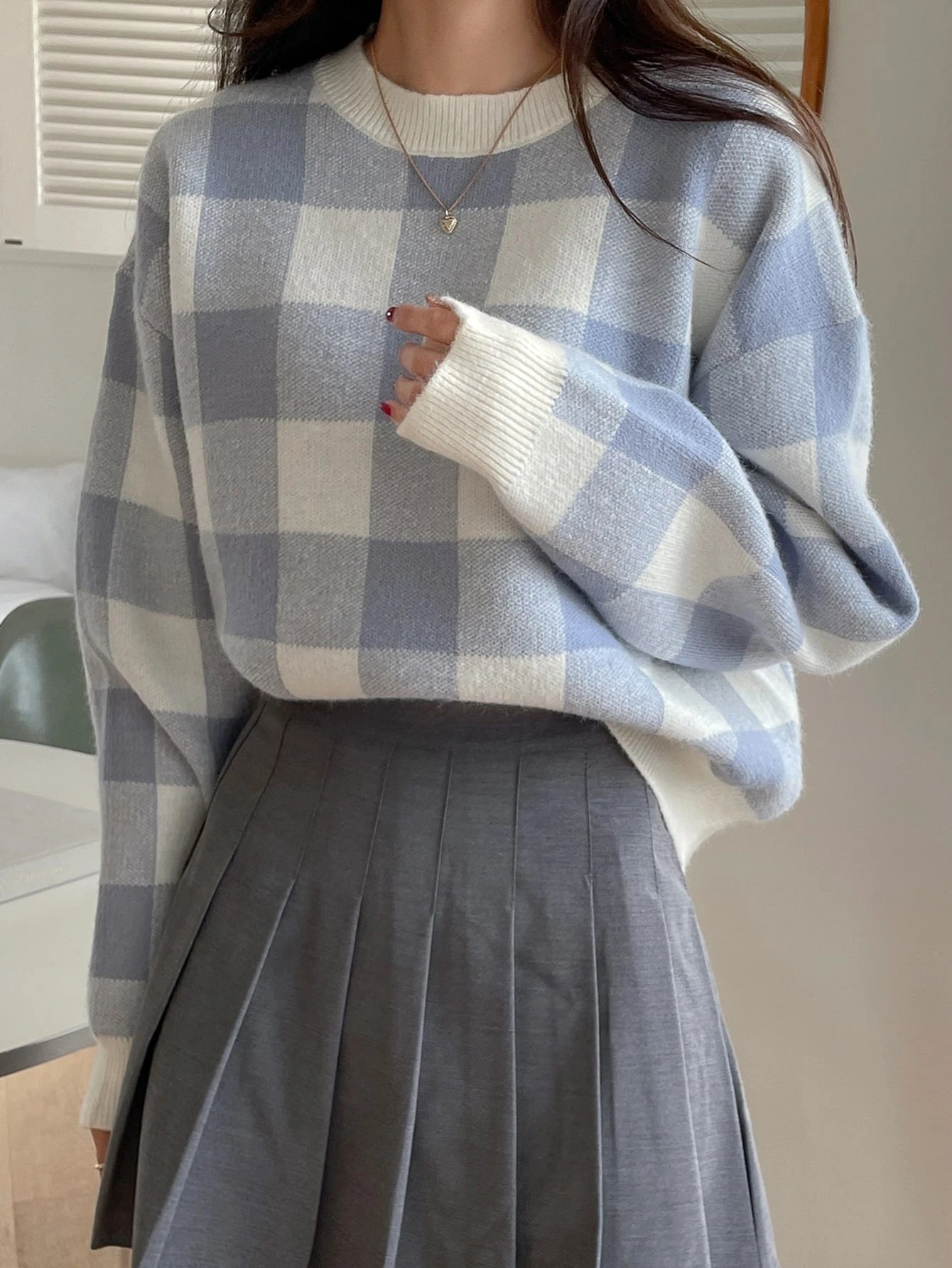 DAZY Gingham Pattern Drop Shoulder Oversized Sweater,Long Sleeve Tops