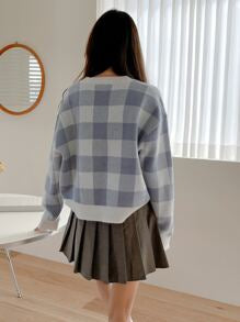 DAZY Gingham Pattern Drop Shoulder Oversized Sweater,Long Sleeve Tops