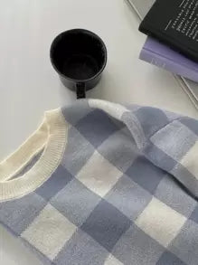 DAZY Gingham Pattern Drop Shoulder Oversized Sweater,Long Sleeve Tops