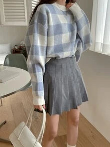 DAZY Gingham Pattern Drop Shoulder Oversized Sweater,Long Sleeve Tops