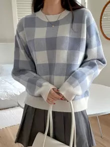 DAZY Gingham Pattern Drop Shoulder Oversized Sweater,Long Sleeve Tops