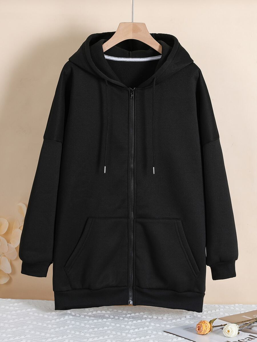 INAWLY Plus Zip Up Drop Shoulder Drawstring Thermal Lined Longline Hoodie