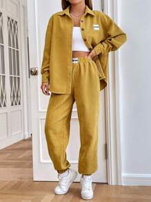 SHEIN EZwear 1pc Letter Patched Drop Shoulder Corduroy Shirt & 1pc Pants