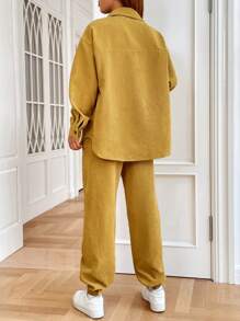 SHEIN EZwear 1pc Letter Patched Drop Shoulder Corduroy Shirt & 1pc Pants