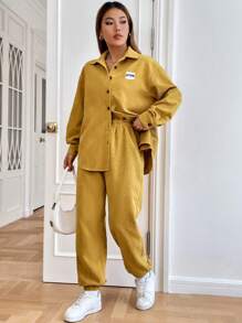 SHEIN EZwear 1pc Letter Patched Drop Shoulder Corduroy Shirt & 1pc Pants