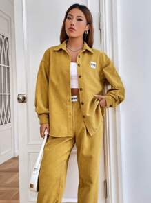 SHEIN EZwear 1pc Letter Patched Drop Shoulder Corduroy Shirt & 1pc Pants