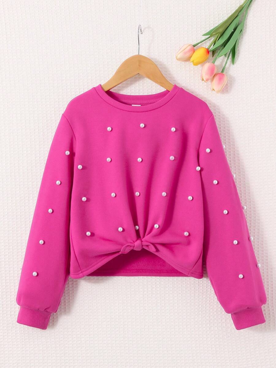 بلوفر بناتي مزين باللؤلؤ وعقدة أمامية من شي إن – توين جيرل