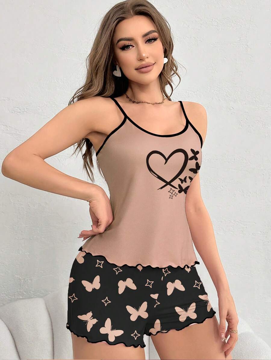 Women's Heart & Butterfly Printed Cami And Shorts Pajama Set