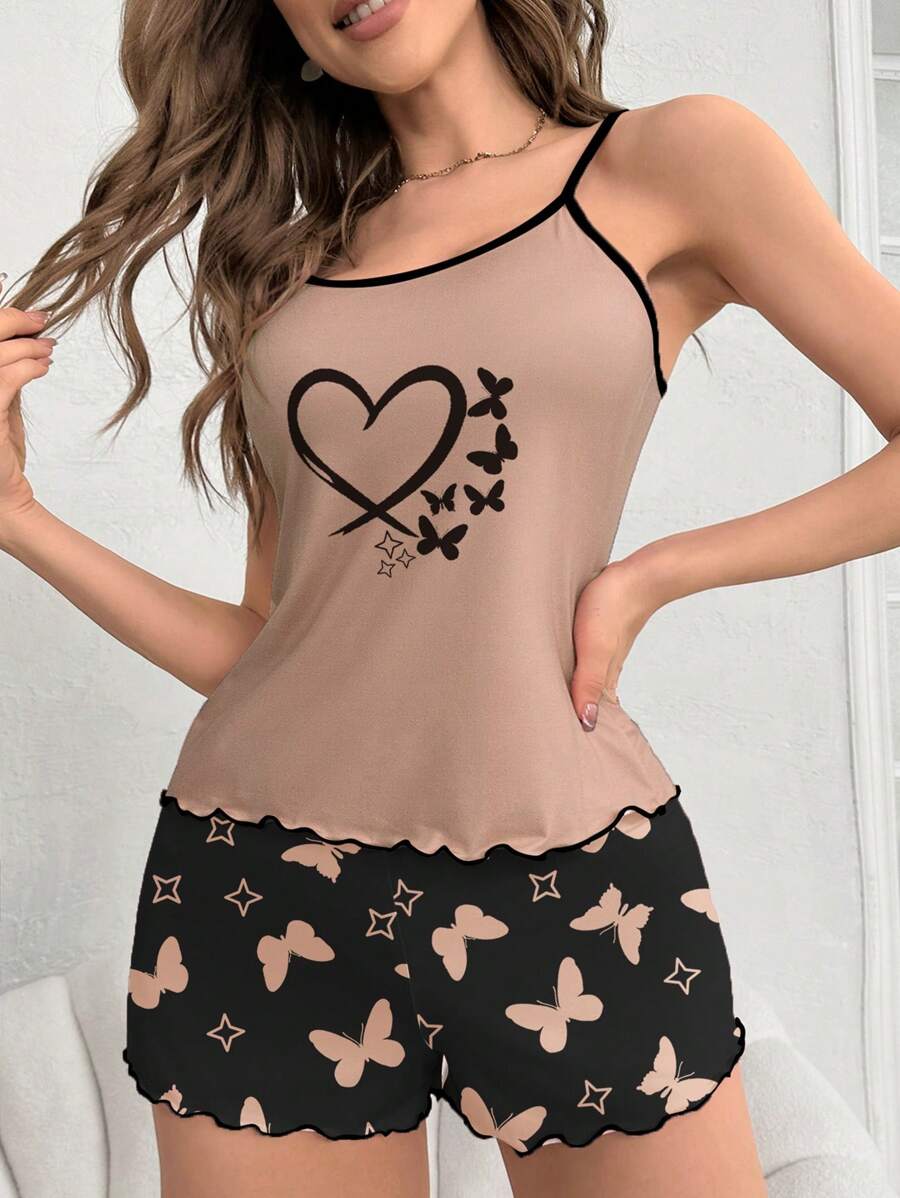 Women's Heart & Butterfly Printed Cami And Shorts Pajama Set