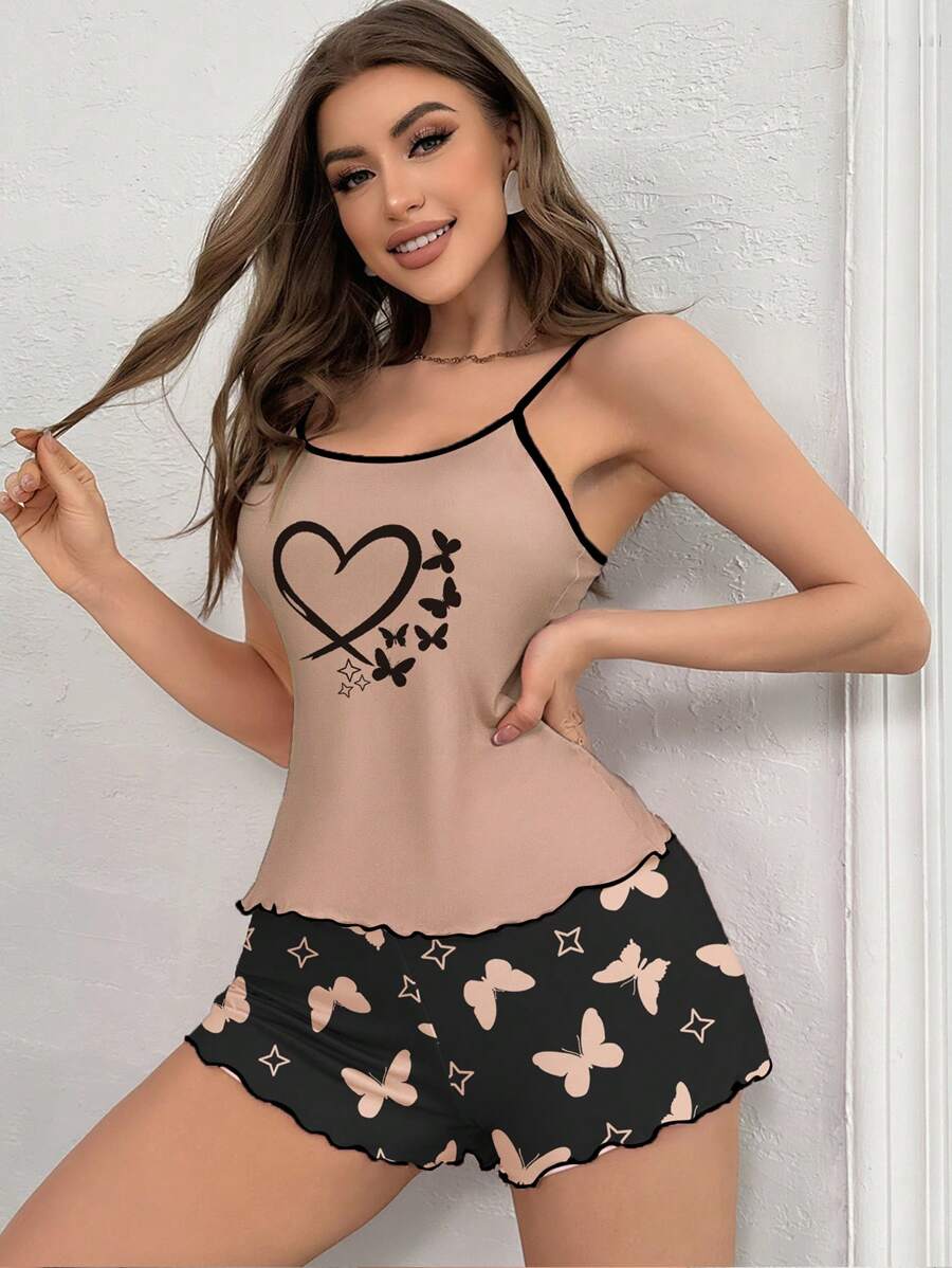 Women's Heart & Butterfly Printed Cami And Shorts Pajama Set