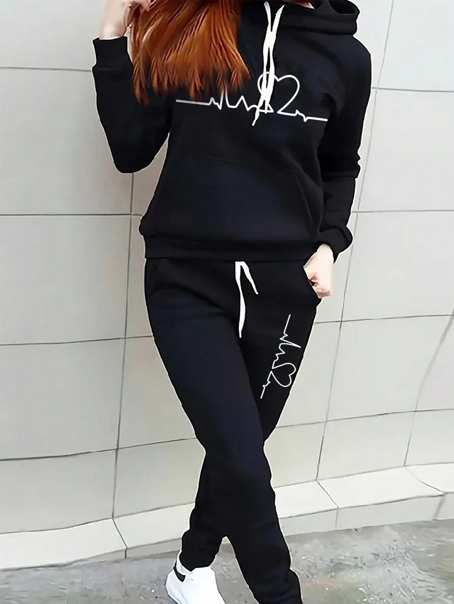 INAWLY Women's Heart Printed Long Sleeve Hoodie And Pants Set