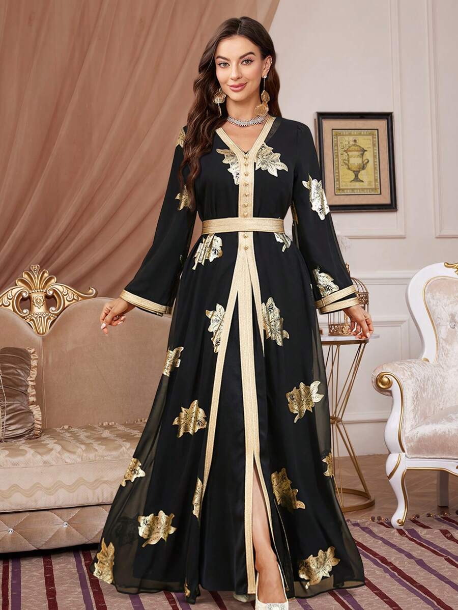 فستان نسائي طويل بنقشة زهور بأكمام طويلة