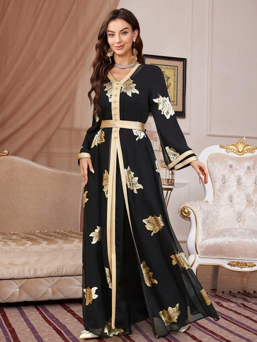 فستان نسائي طويل بنقشة زهور بأكمام طويلة