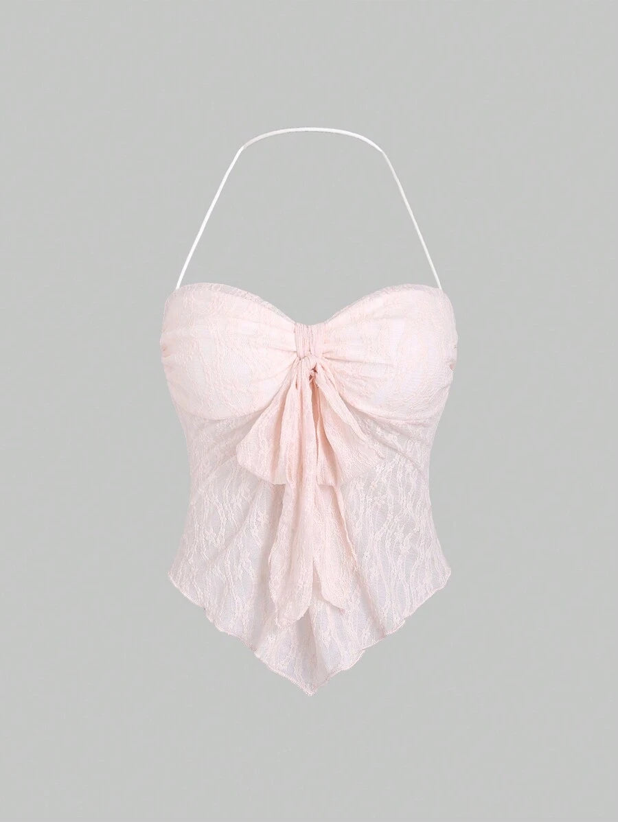 توب نسائي قصير صيفي بلون سادة من Sweetra – تصميم Halter Neck مع ربطة أمامية