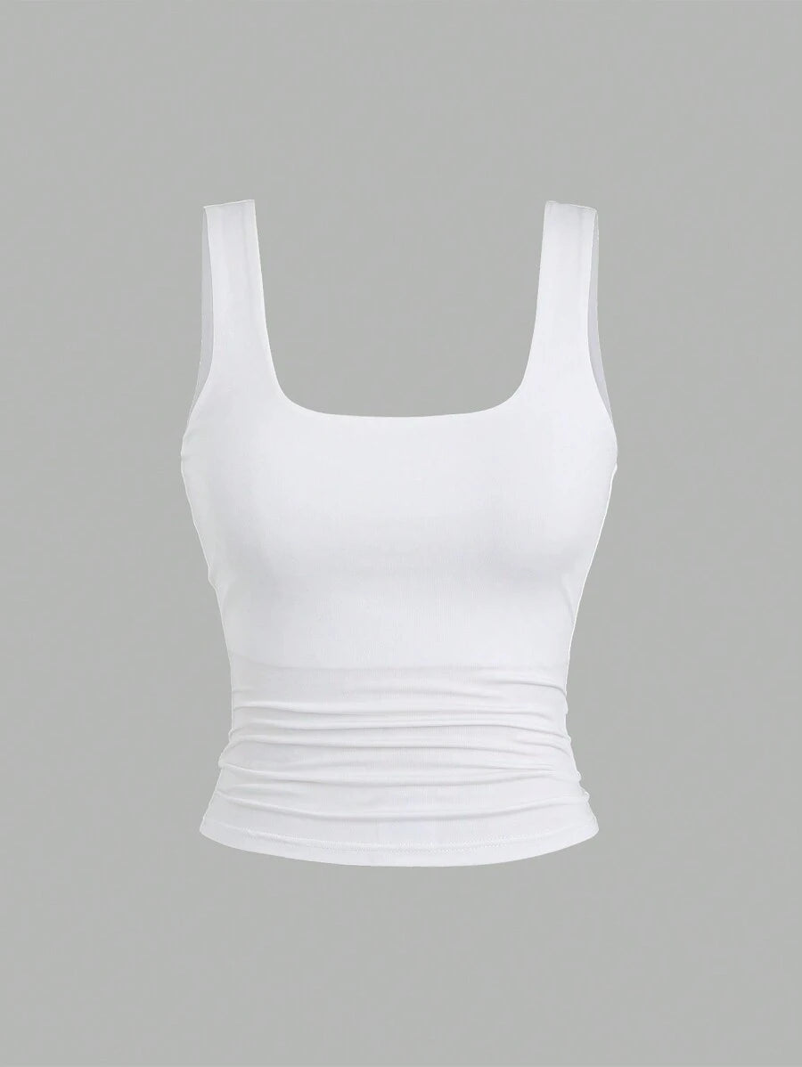 توب صيفي نسائي من Sweetra – بياقة مربعة وطيات أنيقة بتصميم كاجوال قصير