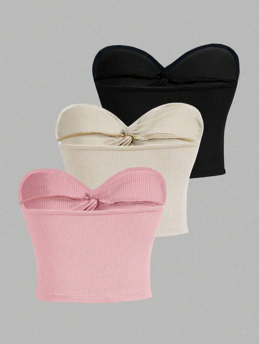 3بلوزة نسائية صيفية كاجوال من Rina Fox بلون سادة بدون حمالات بعقدة ملتوية