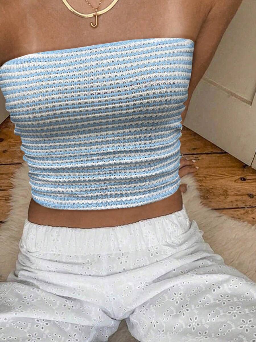 توب نسائي صيفي بتصميم أكتاف مفتوحة وقماش محبوك متعدد الألوان من INAWLY