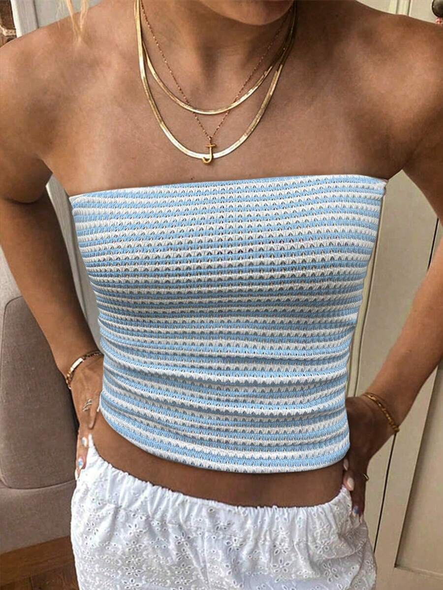 توب نسائي صيفي بتصميم أكتاف مفتوحة وقماش محبوك متعدد الألوان من INAWLY