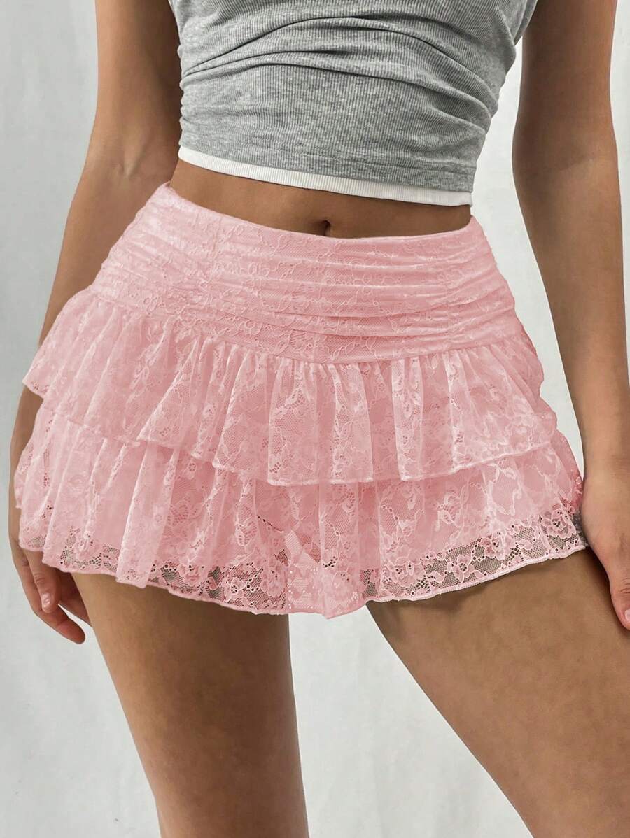 تنورة قصيرة نسائية EgrlEra صيفية – بلون سادة مع دانتيل، إطلالة Y2K