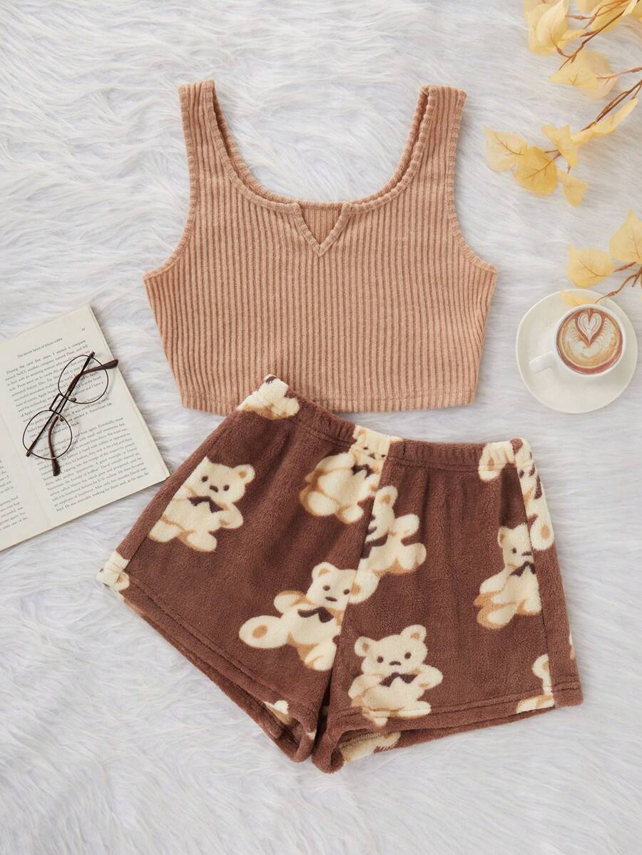 2pcs Solid Rib Knit Camisole & Flannel Bear Print Shorts Sleepwear Set