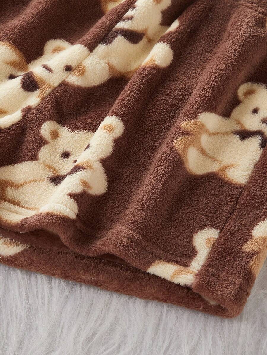 2pcs Solid Rib Knit Camisole & Flannel Bear Print Shorts Sleepwear Set