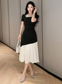 DAZY SHEIN X Hannahelzahed Women's Elegant Colorblock Patchwork Dress