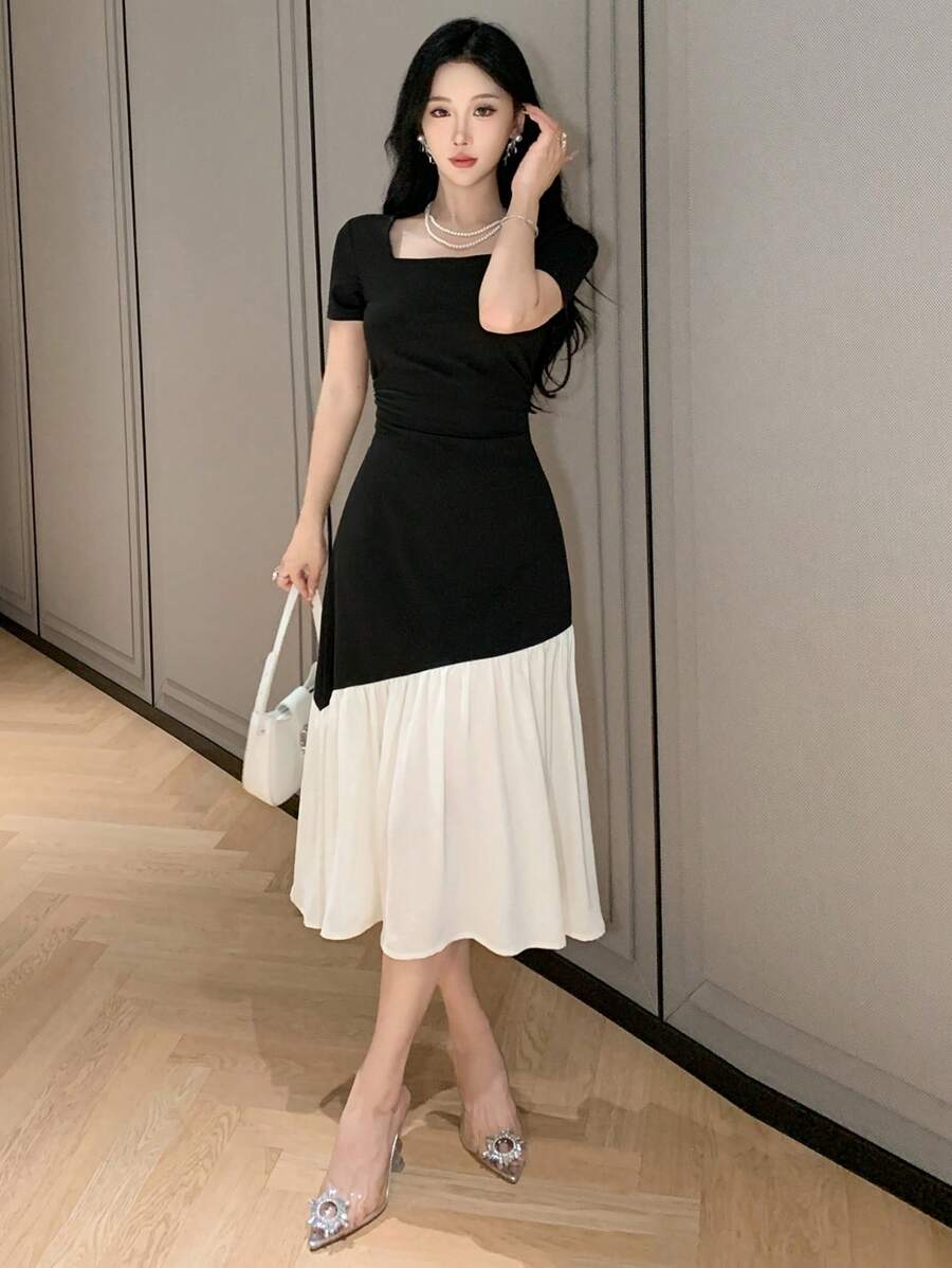 DAZY SHEIN X Hannahelzahed Women's Elegant Colorblock Patchwork Dress