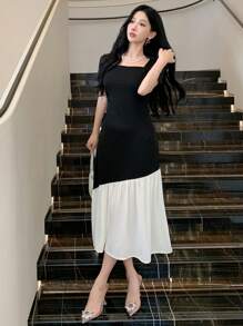 DAZY SHEIN X Hannahelzahed Women's Elegant Colorblock Patchwork Dress