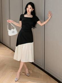 DAZY SHEIN X Hannahelzahed Women's Elegant Colorblock Patchwork Dress