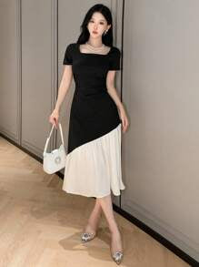 DAZY SHEIN X Hannahelzahed Women's Elegant Colorblock Patchwork Dress