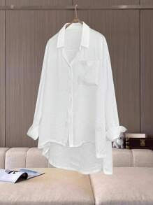 SHEIN LUNE Plus Size Casual Solid Color Turn-Down Collar Shirt, Simple & Elegant