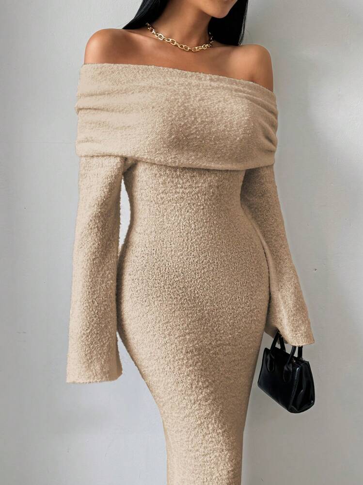 فستان تريكو محكم من shein– بأكمام قصيرة ونسج خشن للنساء