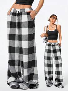 Coolane Women's Fall Casual Front Tie Plaid Pocket Trousers