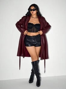SHEIN ICON ICON Plus Size Women's Gun Lapel PU Leather Long Suit Coat, Winter