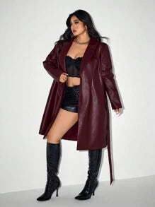 SHEIN ICON ICON Plus Size Women's Gun Lapel PU Leather Long Suit Coat, Winter