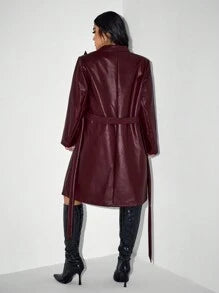 SHEIN ICON ICON Plus Size Women's Gun Lapel PU Leather Long Suit Coat, Winter