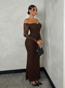 SHEIN BAE 1pc Women's Solid Black Lace Off-Shoulder Fitted Fishtail Dress