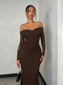 SHEIN BAE 1pc Women's Solid Black Lace Off-Shoulder Fitted Fishtail Dress