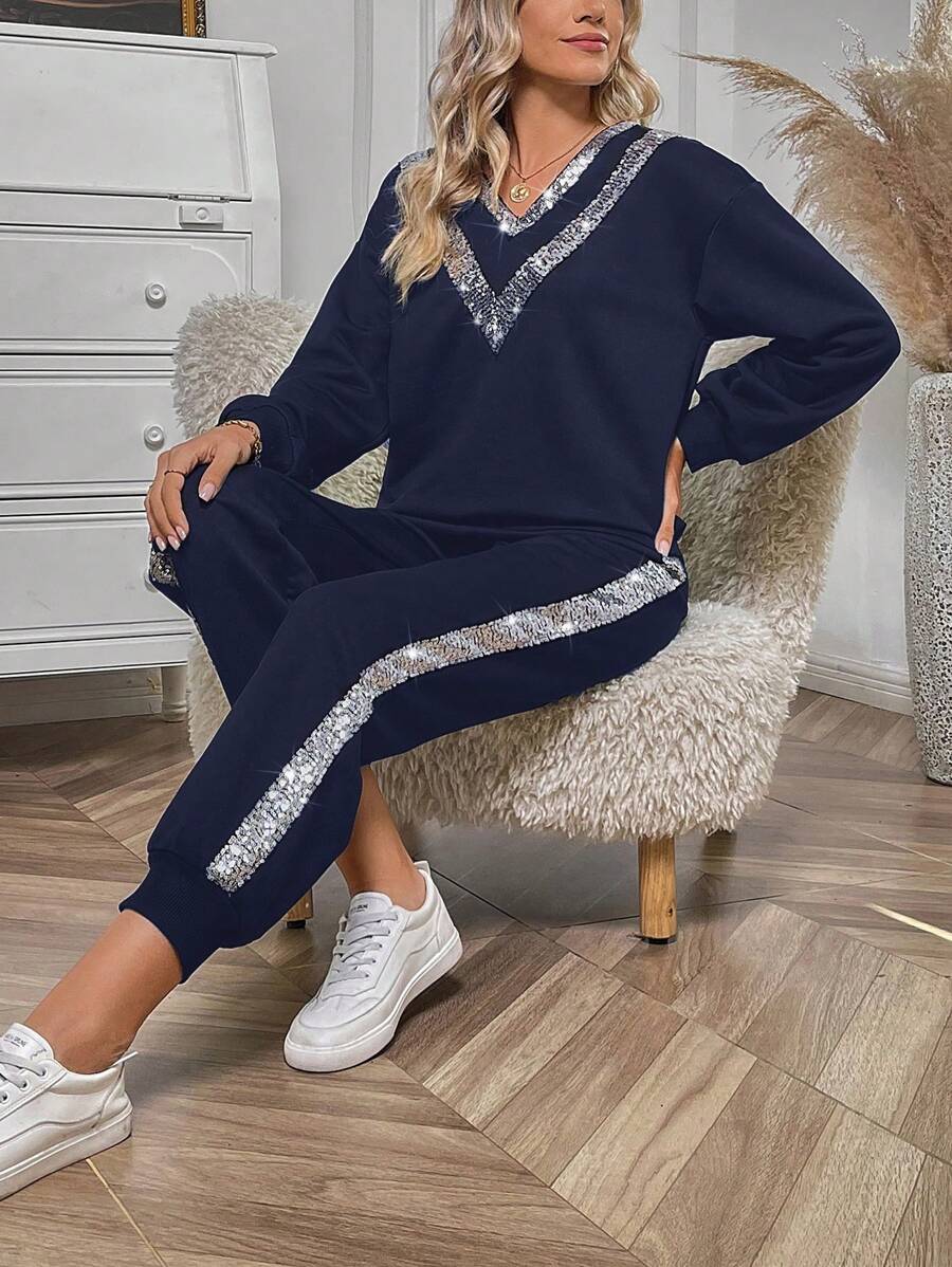 EMERY ROSE 2pcs/Set Plus Size Sequin Patchwork V-Neck Sweatshirt And Pants