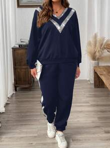 EMERY ROSE 2pcs/Set Plus Size Sequin Patchwork V-Neck Sweatshirt And Pants