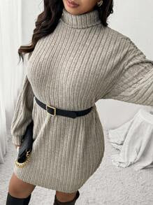 SHEIN Frenchy Plus Size Casual Turtleneck Ribbed Knit Dress In Apricot Color