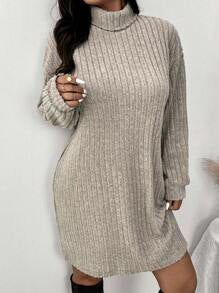 SHEIN Frenchy Plus Size Casual Turtleneck Ribbed Knit Dress In Apricot Color