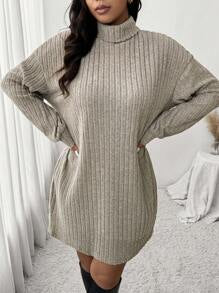 SHEIN Frenchy Plus Size Casual Turtleneck Ribbed Knit Dress In Apricot Color