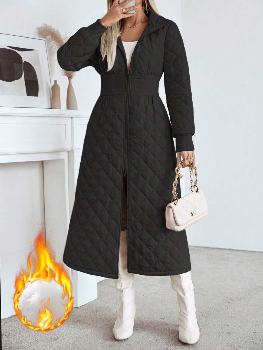 جاكيت طويل كاجوال بسحاب وجيوب وخصر مرن وحافة واسعة من مجموعة لون – شي إن