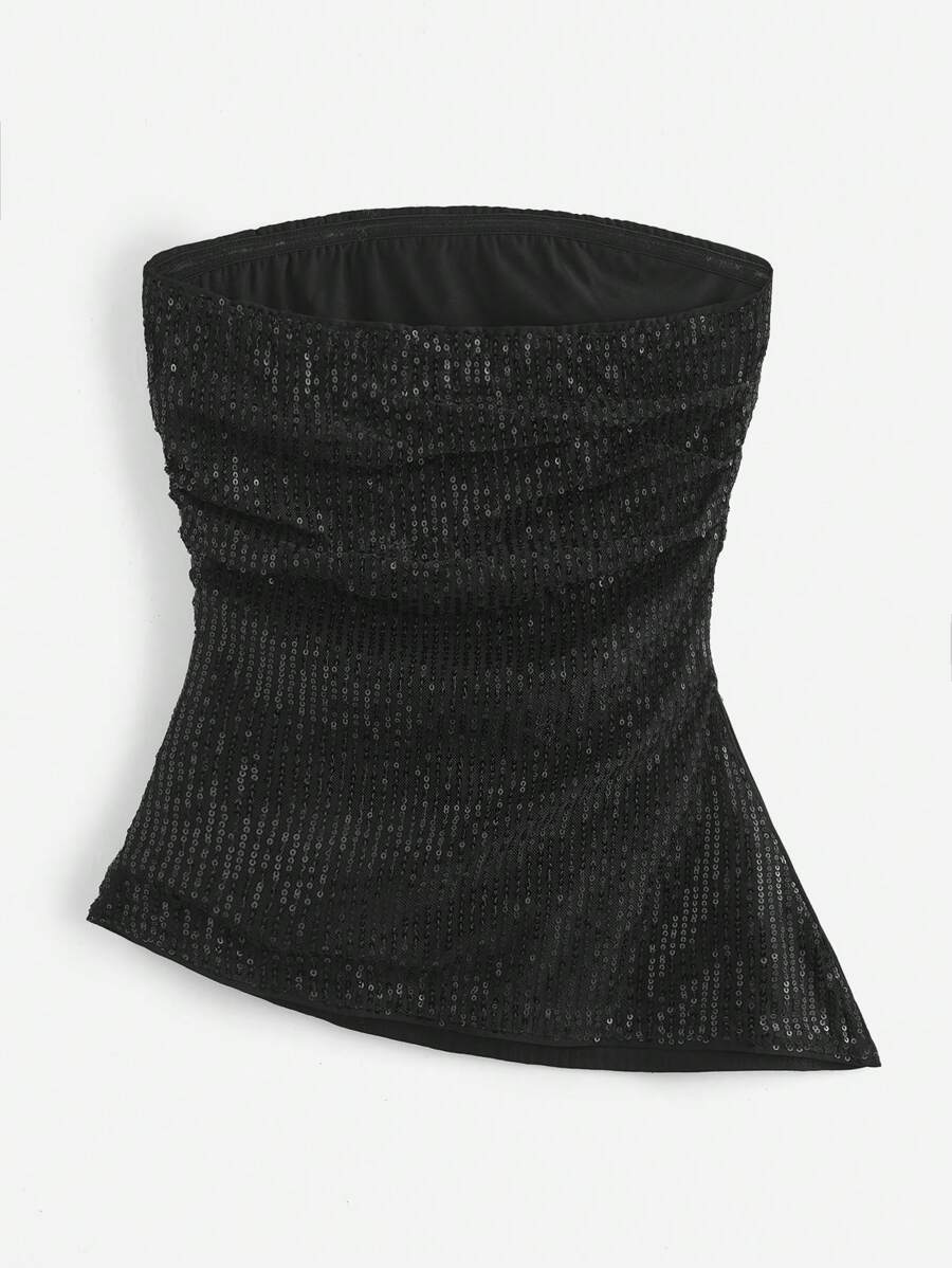 توب نسائي أسود من SHEIN EZwear بلون سادة مع تطريز لامع بالترتر