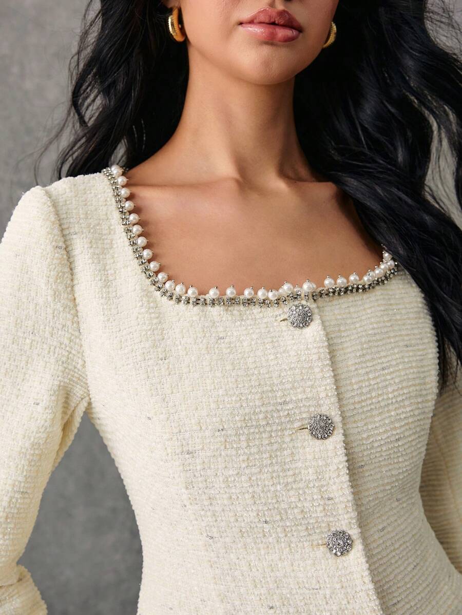 طقم بلوزة وتنورة أنيقة مرصعة بأحجار الراين من Poéselle ، طقم خريفي نسائي أنيق من قطعتين، طقم قميص وتنورة بأزرار من الجاكار