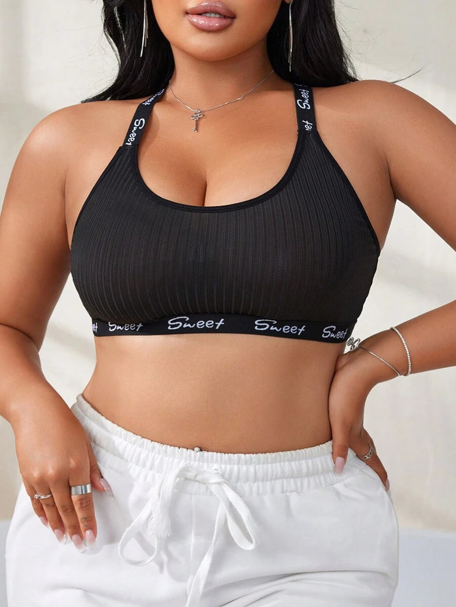 Plus Size Women's Letter Print Rib-Knit Bralette & Wireless Bra Set