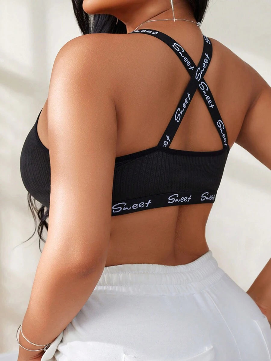Plus Size Women's Letter Print Rib-Knit Bralette & Wireless Bra Set